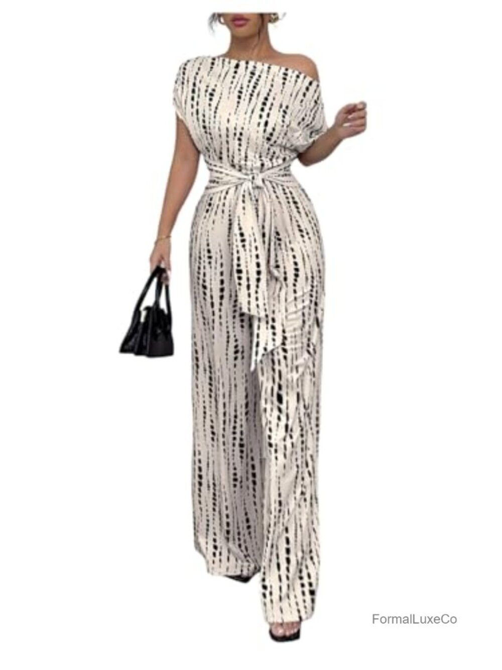 SOLY HUX Women's Allover Print Tie Front Wide Leg Jumpsuit